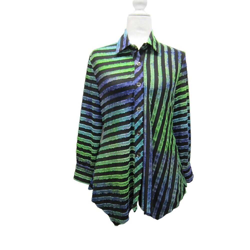 Calessa Flocked Striped Long-Sleeve Black Blue‎ Green Textured Blouse Petite S